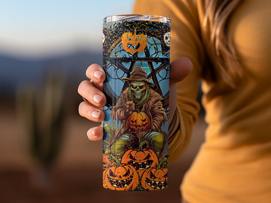 Halloween Pumpkin Witch with Skeleton Art Tumbler Cup