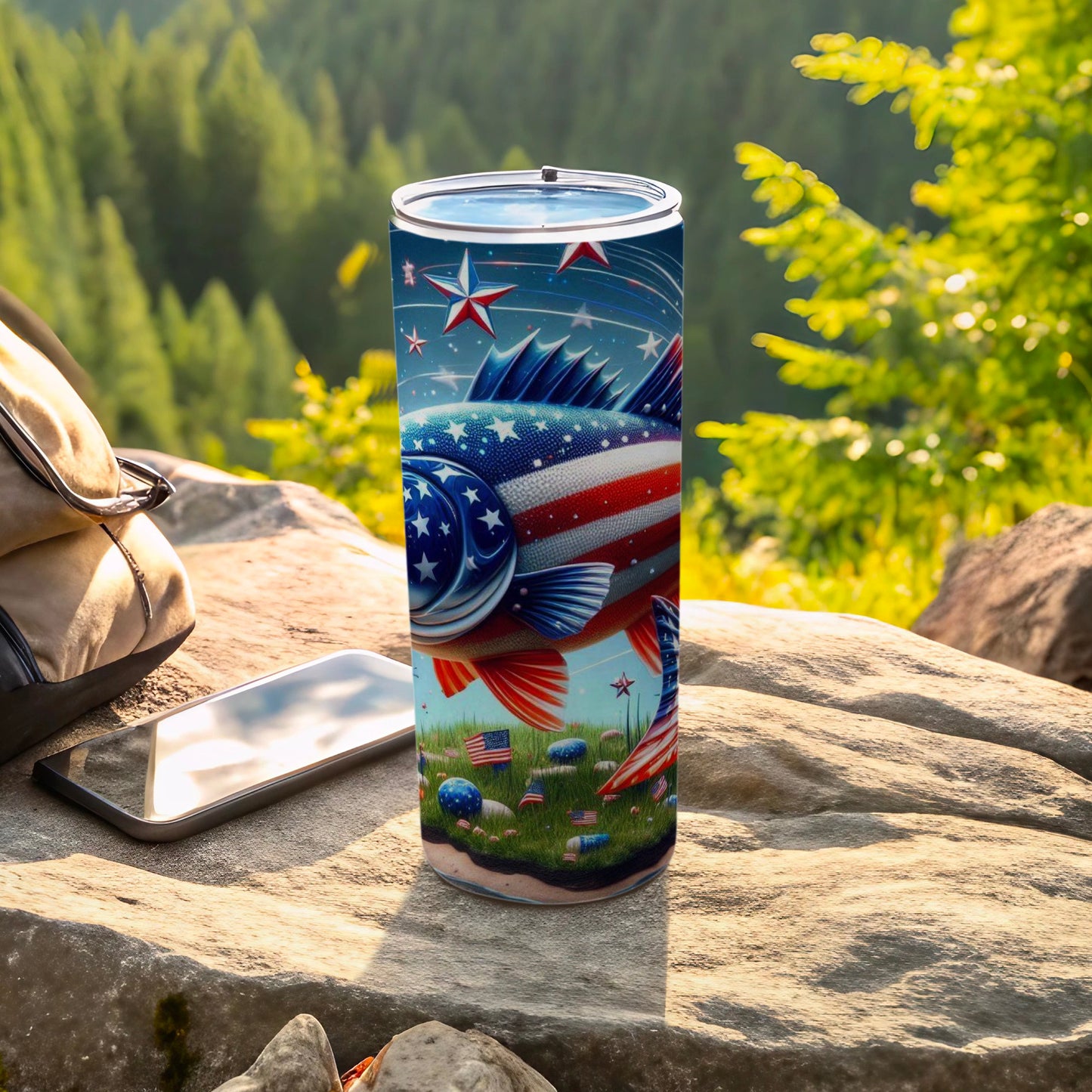 American flag fish design on a stainless steel tumbler with patriotic elements.