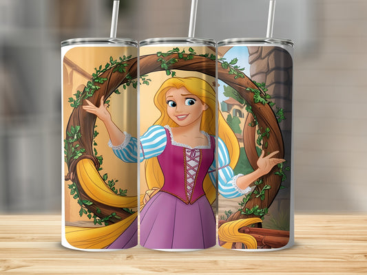 Rapunzel from Tangled with long blonde hair on a tumbler.