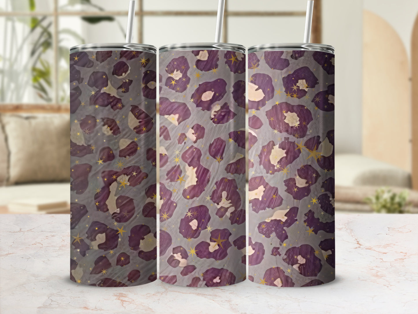 Purple and Gold Star Leopard Print Tumbler