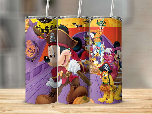 Halloween themed tumbler with Mickey Mouse and friends in pirate costumes.