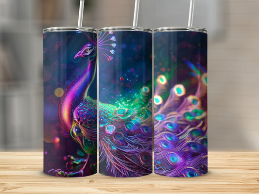 Three tumblers featuring a vibrant peacock with iridescent feathers.