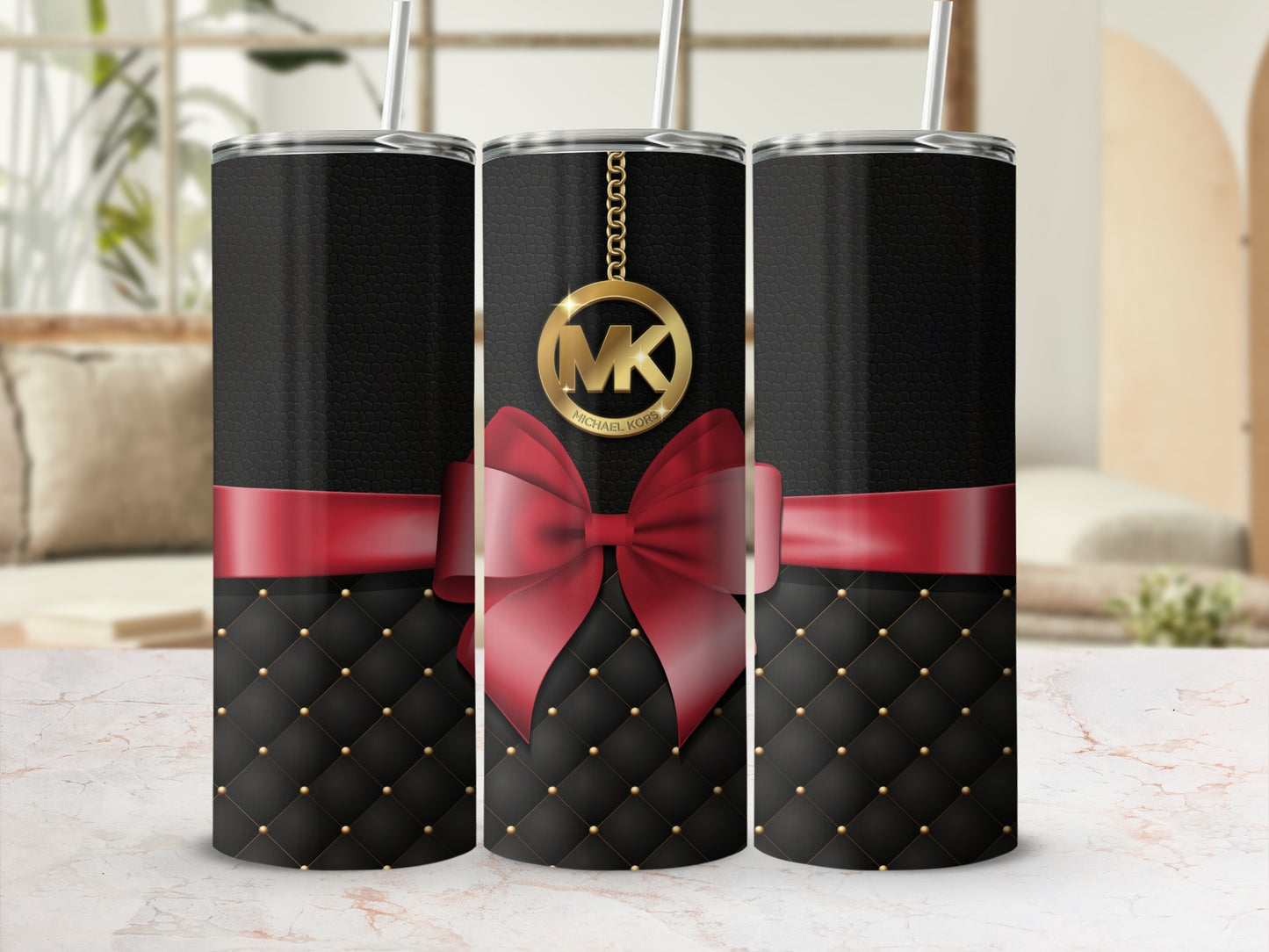 Elegant Black Gold and Red Bow Pattern Tumbler