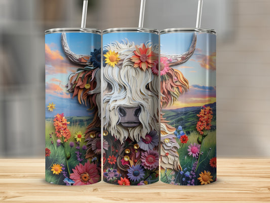 Highland cow with floral headdress against sunset landscape.