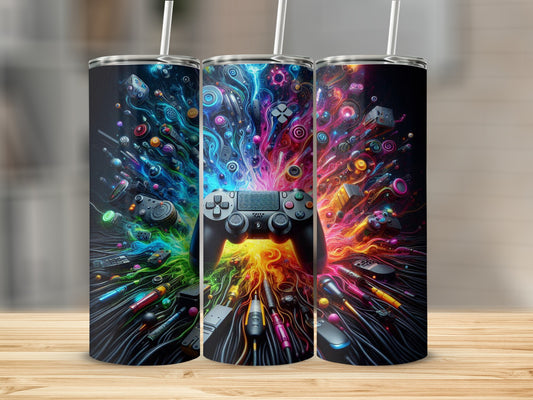 Gaming controller and abstract colorful particles exploding outwards.