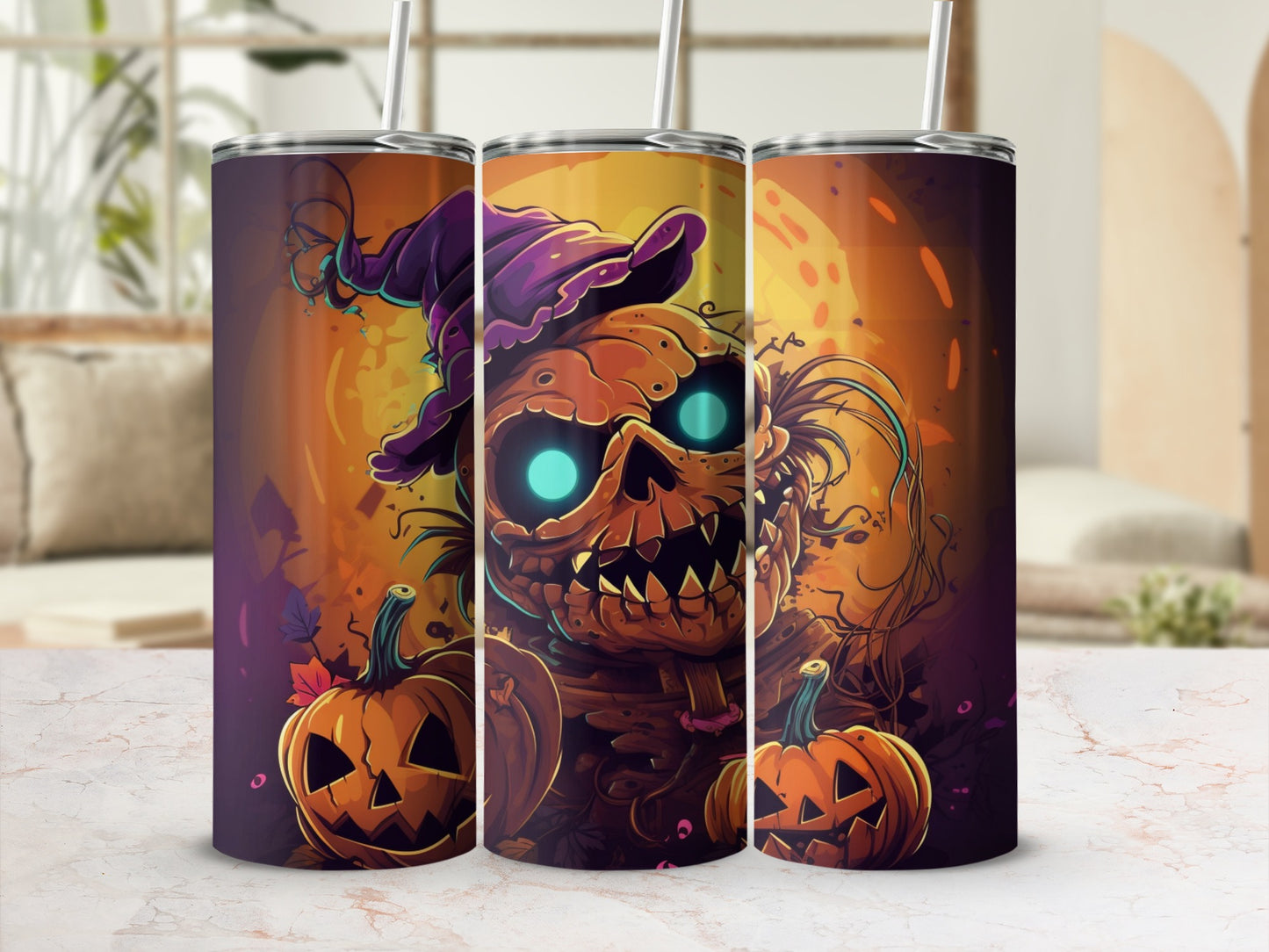 Spooky Glowing Pumpkin Head With Hat Halloween Tumbler