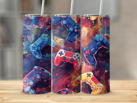 Three tumblers with abstract, colorful video game controller patterns.