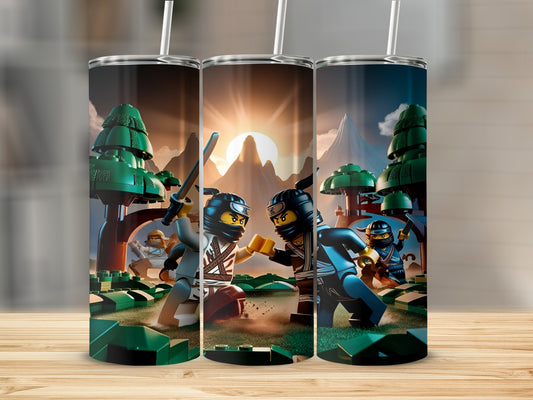 Ninjago characters fighting in a forest setting with mountains and sun.