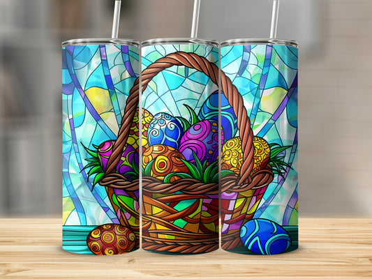 Easter basket with colorful, stained-glass-style eggs on a wooden surface.