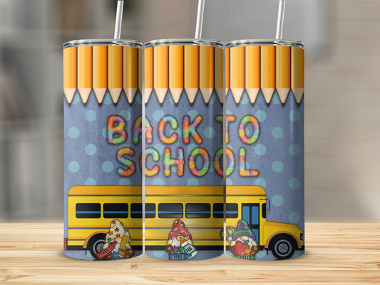 School bus, pencils, and gnomes on a blue polka dot background.
