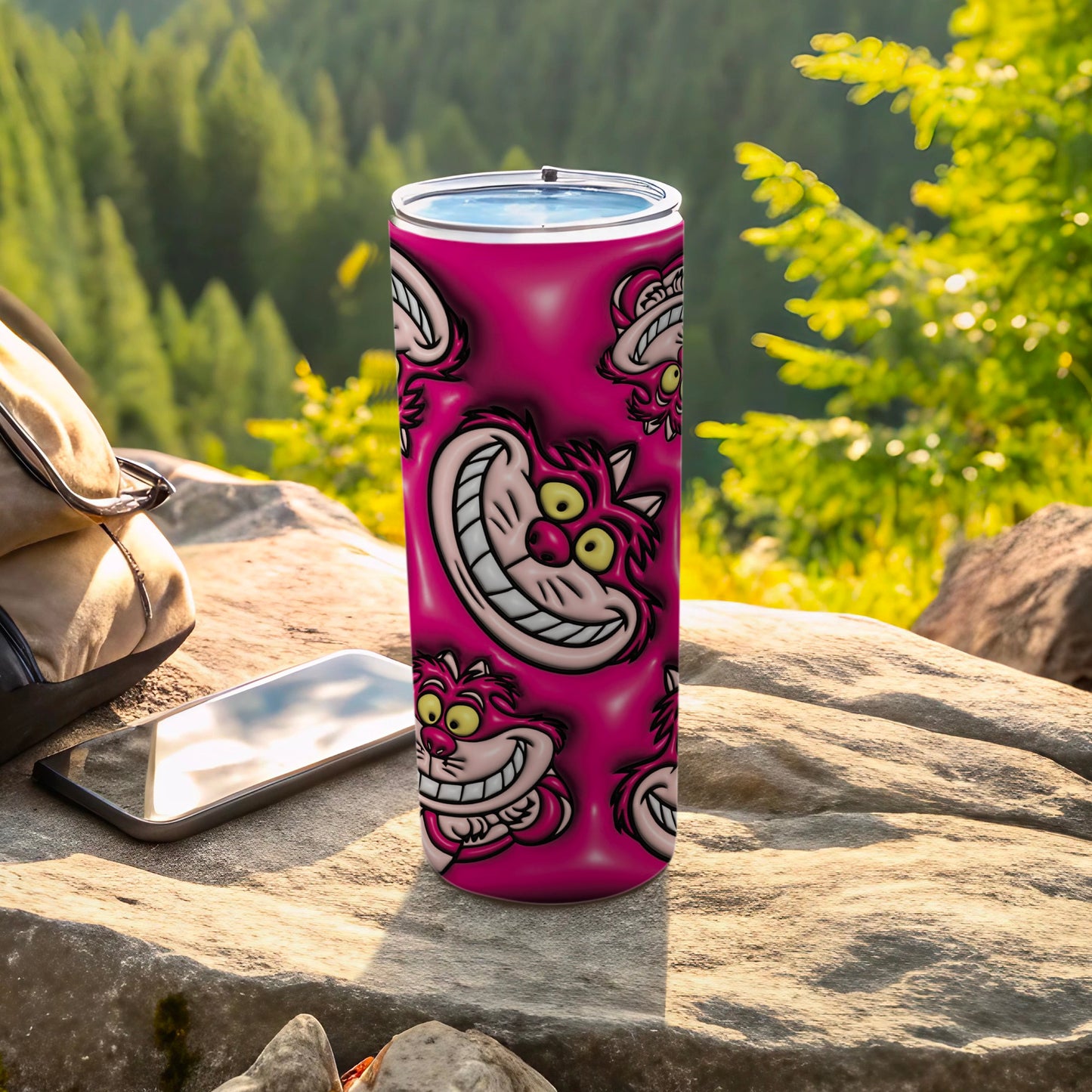 Cheshire Cat Patterned Pink Tumbler for Outdoor Adventures