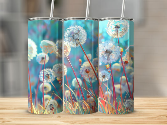 Three tumblers with dandelion seed heads against a blurred colorful background.
