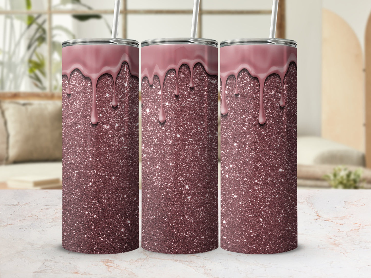 Glittery Pink Drip Stainless Steel Tumbler with Straw