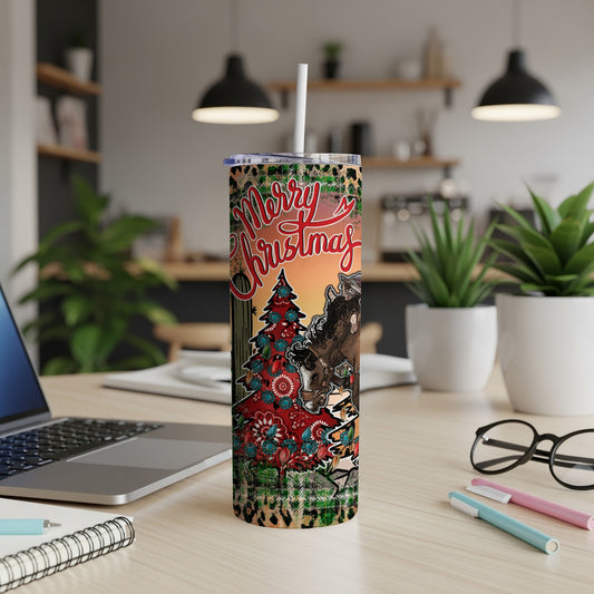 Merry Christmas tumbler with horse and Christmas tree design.