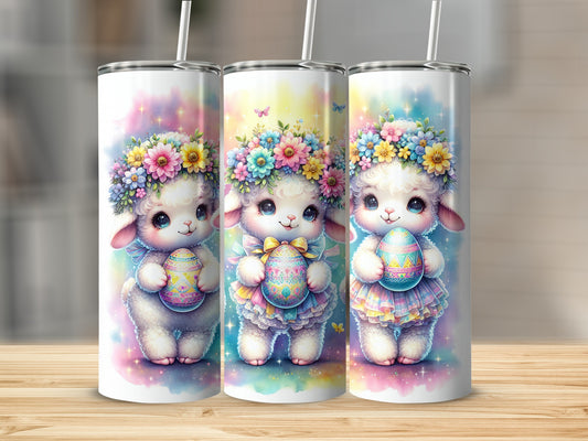Three cartoon sheep wearing floral crowns and holding Easter eggs.