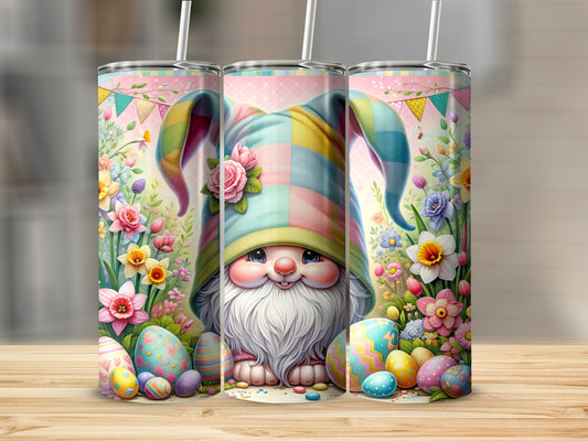 Easter gnome with colorful eggs and flowers on patterned tumblers.