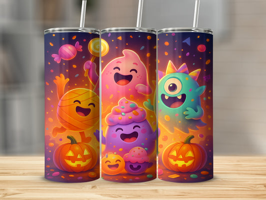 Three tumblers feature a Halloween cartoon design with monsters, candy, and pumpkins.