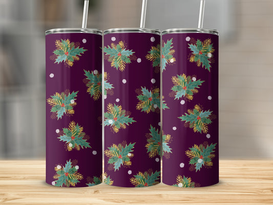 Three purple tumblers with a festive green and gold holly pattern.