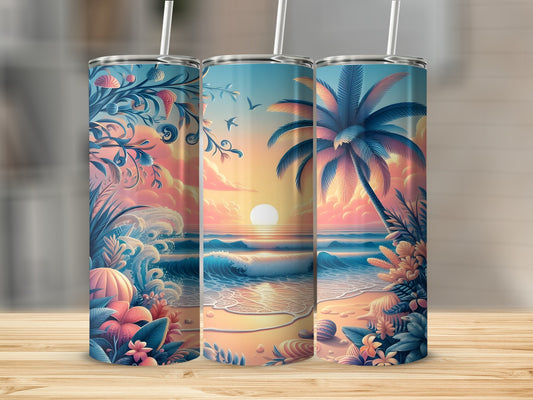 Three tumblers featuring a tropical beach sunset with palm trees and ocean waves.