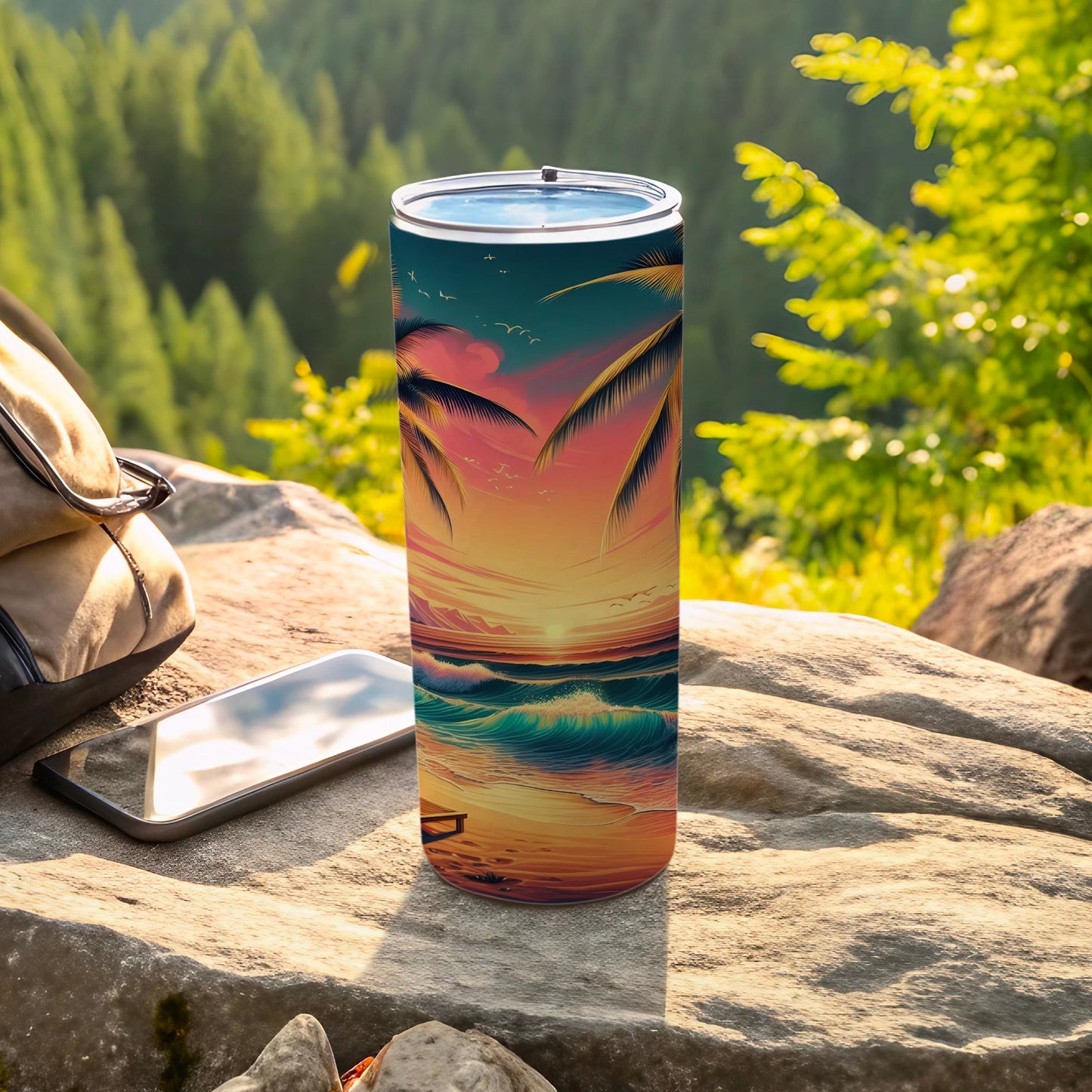 Sunset beach scene on a travel tumbler with a phone and backpack.