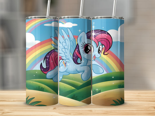 Blue cartoon unicorn with rainbow mane and tail flying across colorful landscape.