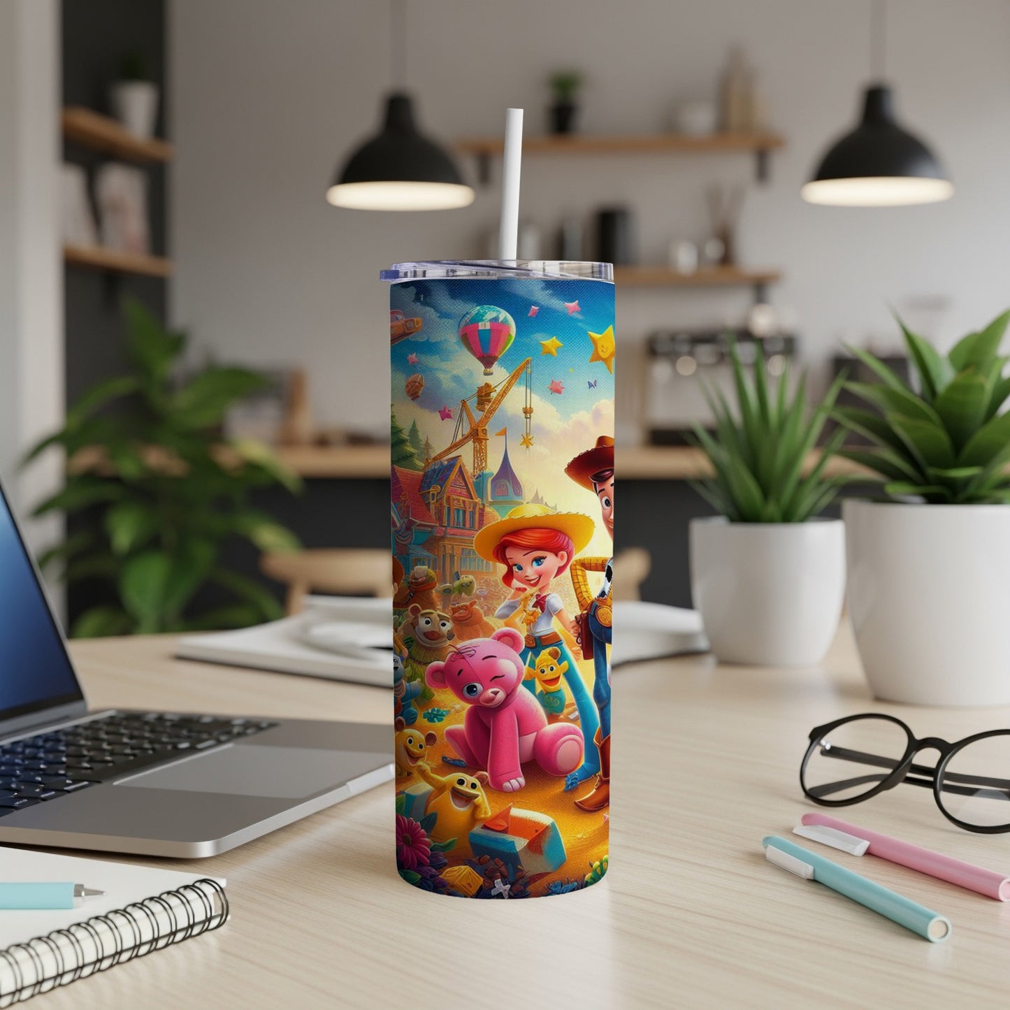 Toy Story characters on a pink tumbler with a laptop and office supplies.
