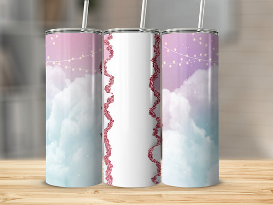 Three tumblers with pastel clouds and fairy lights pattern.