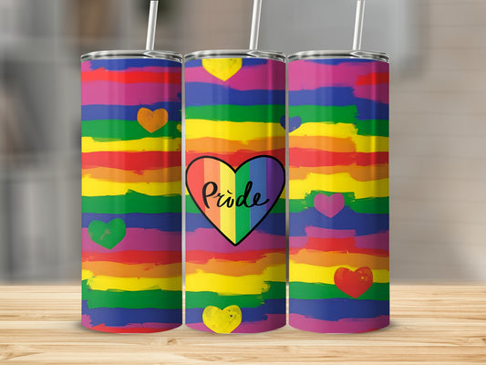 Rainbow pride tumbler with heart graphic and "Pride" text.