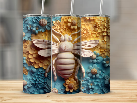 3D embossed tumbler with bee and floral design.