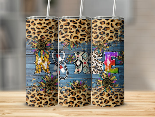 Leopard print and sunflower "RN" design on a skinny tumbler.