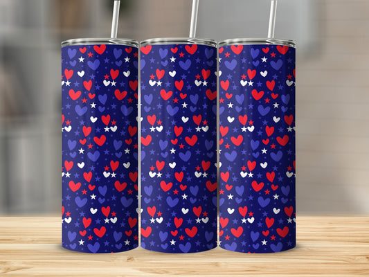 Three tumblers with red, white, and blue stars and hearts pattern.
