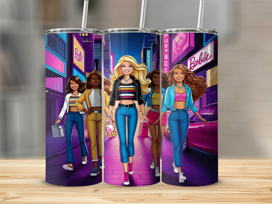 Barbie characters walking down a neon-lit city street at night.