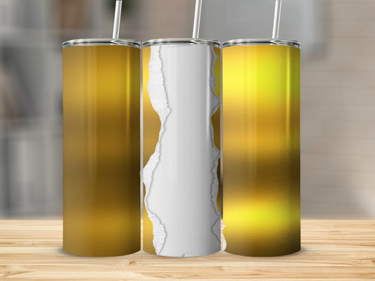 Three gold tumblers with ripped paper effect on the middle tumbler.