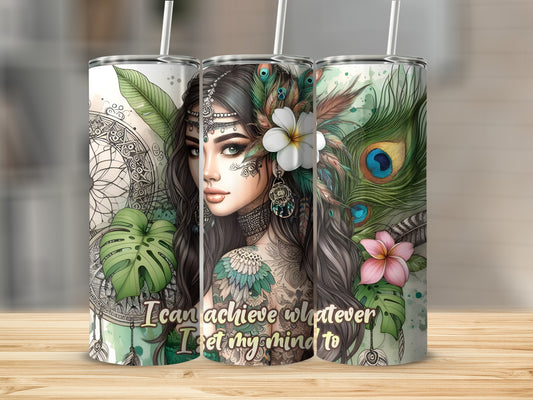 Tattooed woman with peacock feathers on a tumbler with inspiring quote.