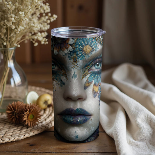 Mystical Face with Floral Art Tumbler for Unique Style