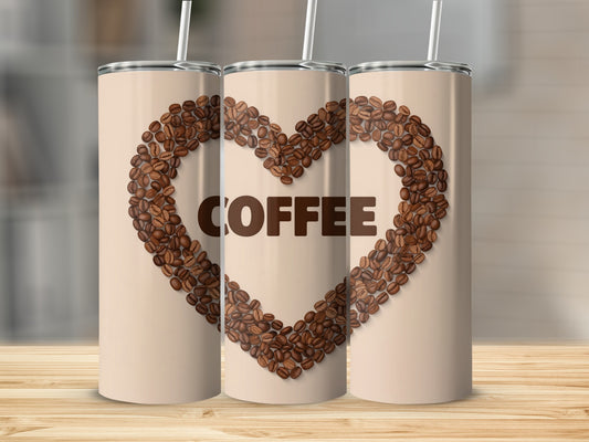 Three tumblers with a heart made of coffee beans and "COFFEE" text.