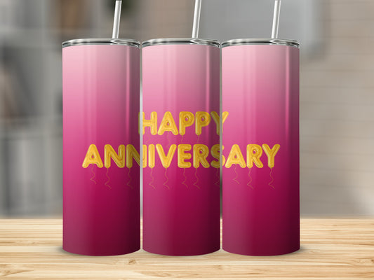 Three tumblers with pink gradient and gold "Happy Anniversary" text.