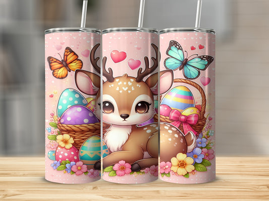 Cute deer with Easter eggs and butterflies on pink background.