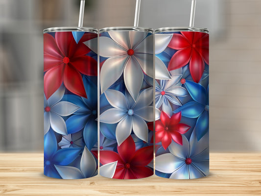Three tumblers with red, white, and blue floral designs.