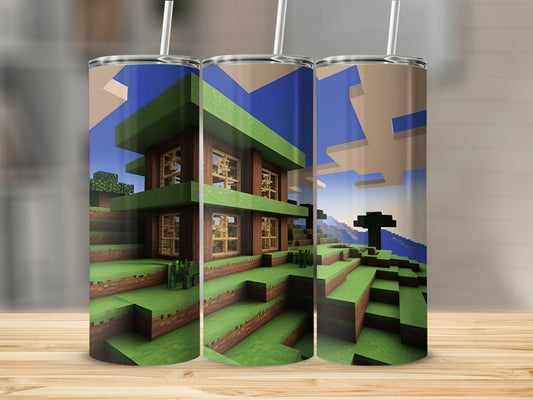Minecraft house on grassy hill with blue sky.