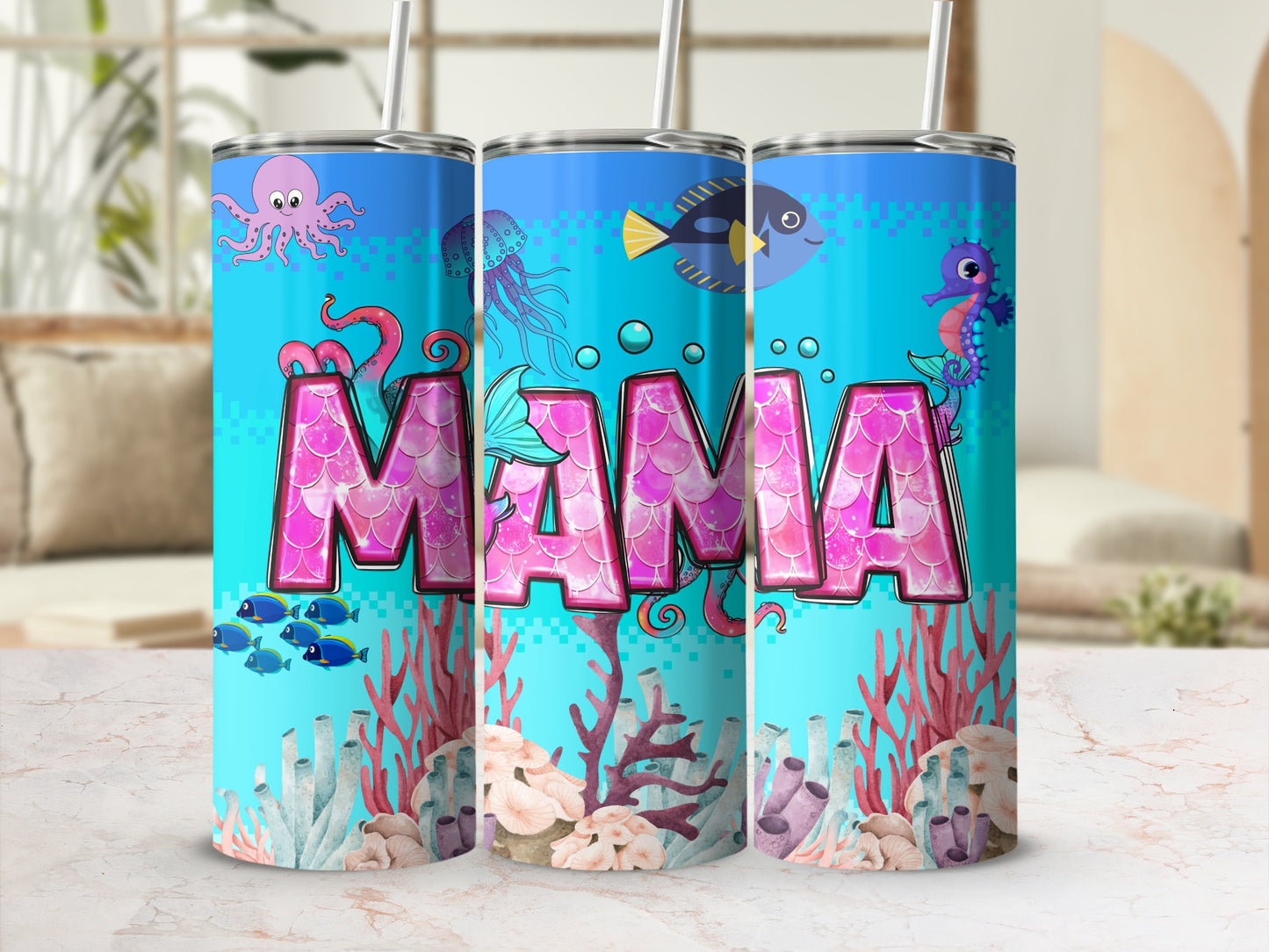 Underwater Ocean Mama Insulated Tumbler with Straw