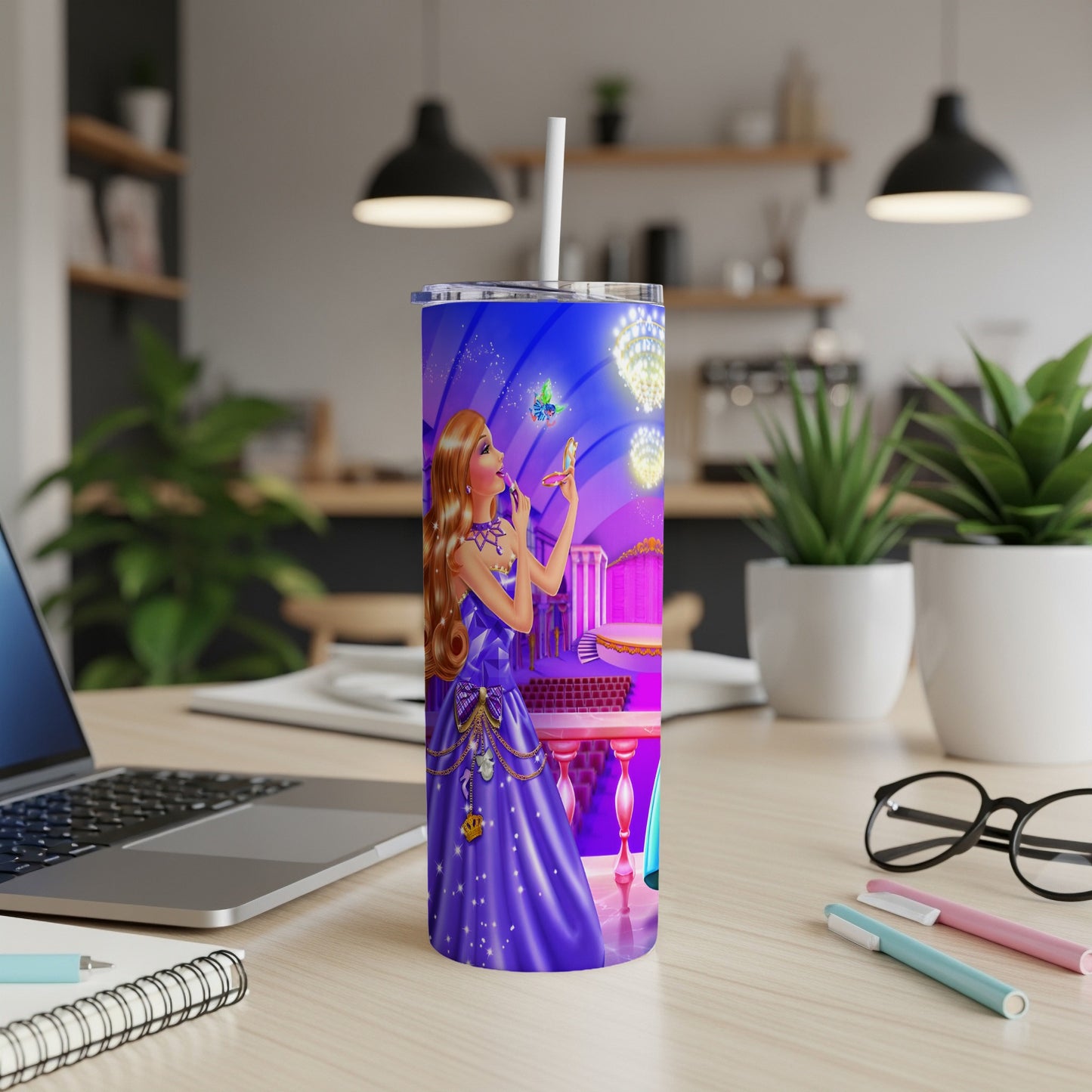 Purple tumbler with a woman in a blue gown and fireworks.