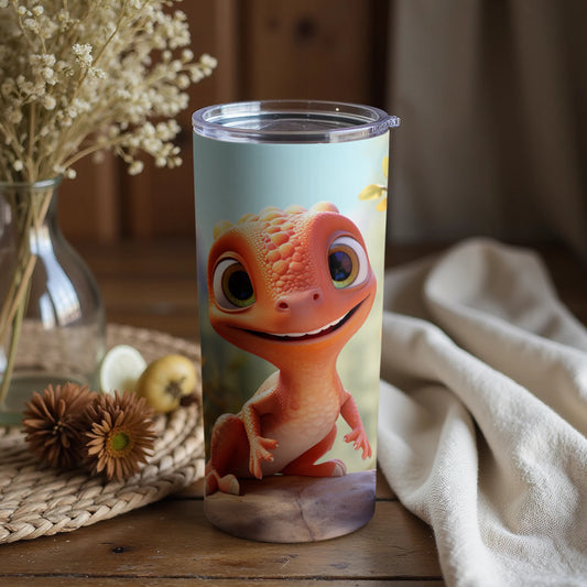 Cute Smiling Lizard with Flowers on a Tumbler