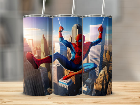 Spiderman swings through a city skyline on a white tumbler cup.