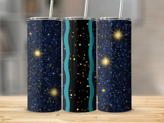 Three tumblers with a dark blue, sparkly starry night design.