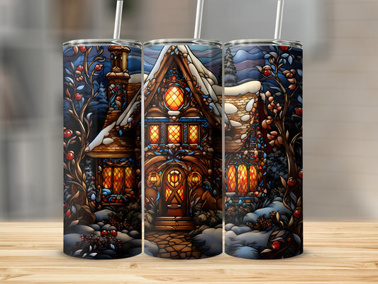 Stained glass cottage with snow and berry bushes, lit windows.