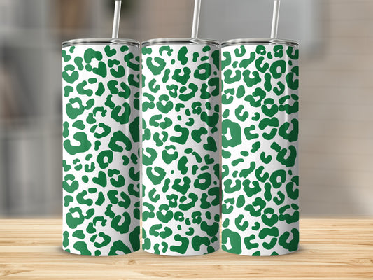 Three tumblers with white and green leopard print pattern, each with a straw.