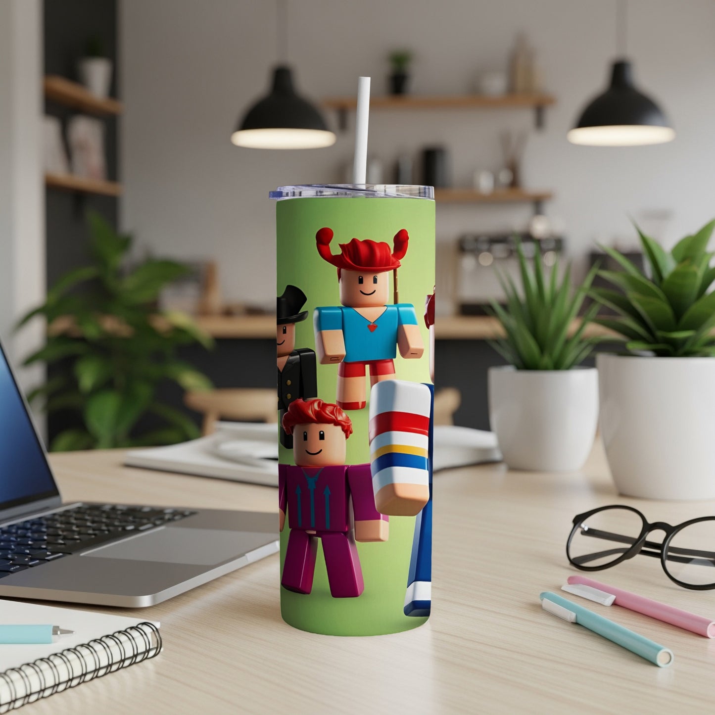 Roblox characters with colorful accessories on a green tumbler cup.