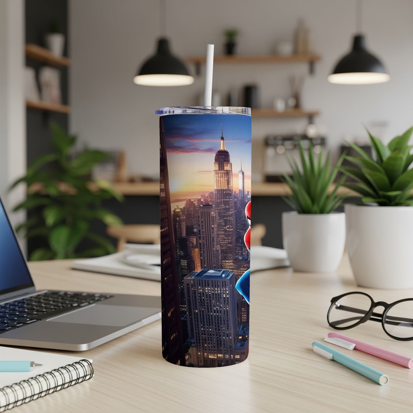 Spider-Man on New York City skyline, on a stainless steel tumbler.