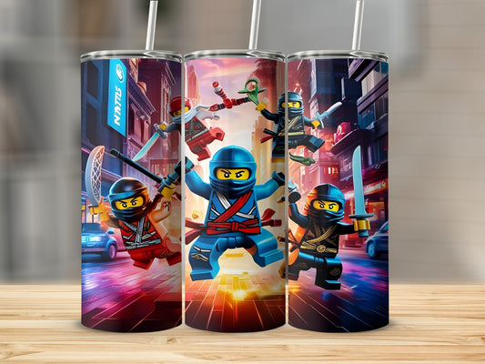Three Ninjago characters fighting in a city street at sunset.